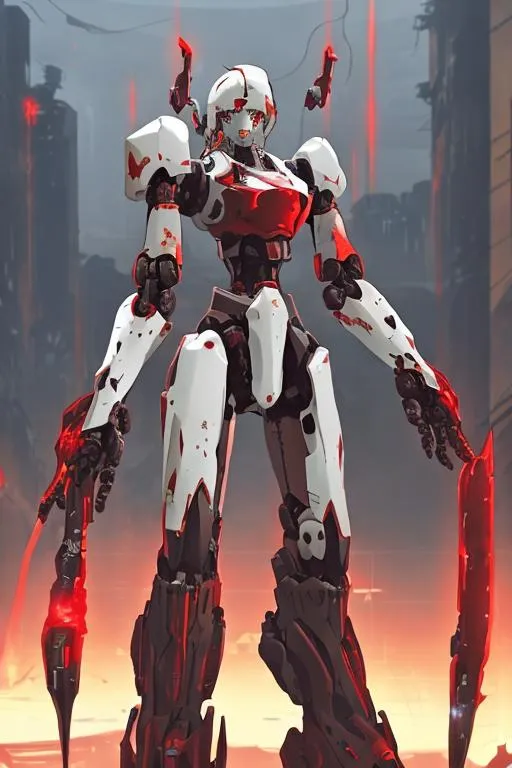 Prompt: A mecha with no facial features with female body shape and dominant red color with white secondary color and a sword held on the right hand and a ruined city as background