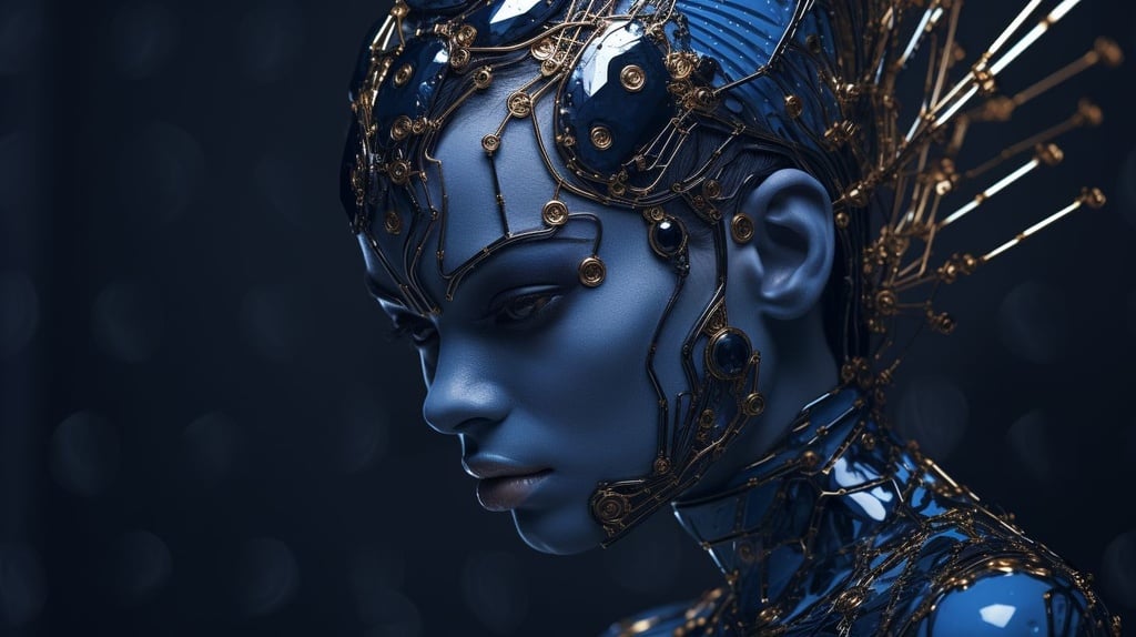 Prompt: futuristic human body that looks like a robot, in the style of dark silver and dark blue, detailed facial features, daz3d, made of insects, circuitry, kintsugi, photo taken with nikon d750
