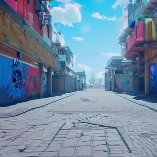 Prompt: Anime street, no people, graffiti 
, unreal engine five hyper realistic, 8k, blue skies, summer day, warm feeling 