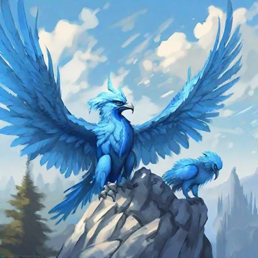 Prompt: (in dripping art style) Cerulean, The Gryphons that nest on the highest pinnacles of Eton Nir, the tallest mountain on Summerset, have a distinctive bluish tint to their plumage. Some sapiarchs call this sky-blue camouflage, but the Priests of Auri-El see in it a touch of the Divine, dripping with cerulean, dripping with feathers, Masterpiece, Best Quality 
