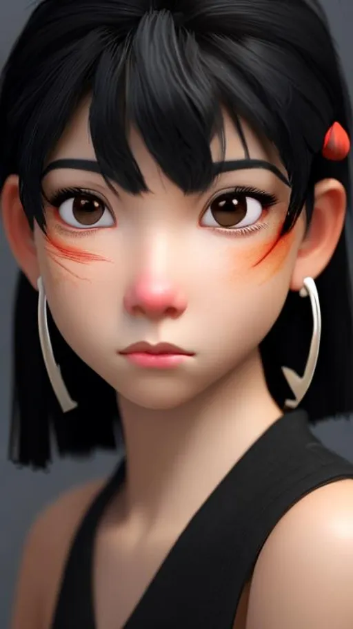 Prompt: A short black hair girl with scar side her lips and gray eyes and a Japanese earring