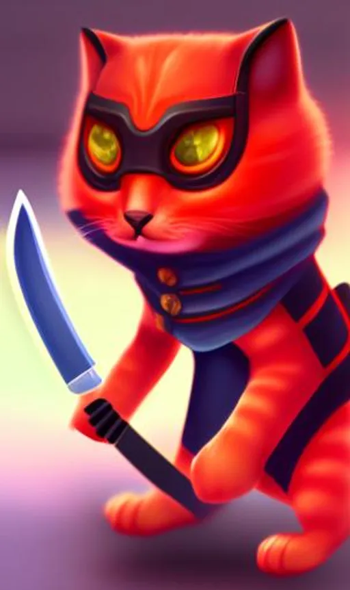 Prompt: Orange ninja cat with sword in hand + typing on keyboard + red glow eyes+ photorealistic, unreal engine 5, RTX