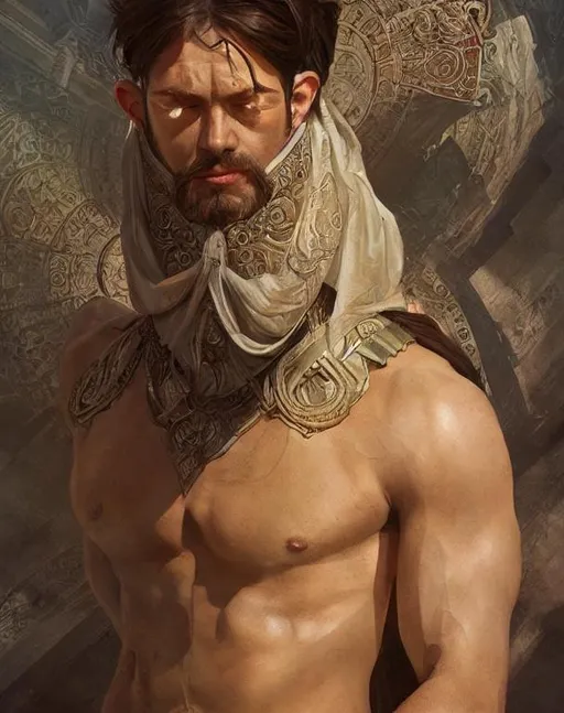 Prompt: temple cleric, healer, masculine, beautiful, handsome, fit, male body, intricate, highly detailed, digital painting, artstation, concept art, sharp focus, illustration, art by greg rutkowski and alphonse mucha