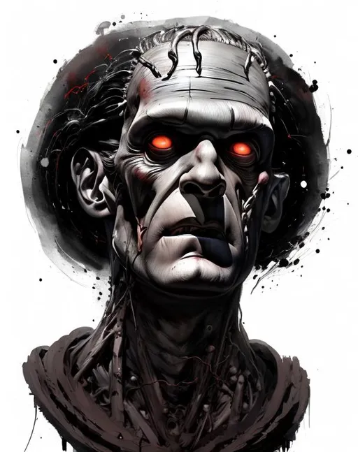 Prompt: Frankenstein negative black and white Speedpaint with large brush strokes by , Junji Ito, Ismail Inceoglu, , Gazelli, M.W. Kaluta, richard anderson, paint splatter, white ink, a masterpiece, 8k resolution, trending on artstation, horror, terrifying, highly detailed and intricate