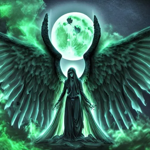 Prompt: heavens gate guarded by fallen angel lucifer with melting wings and green moon in background


