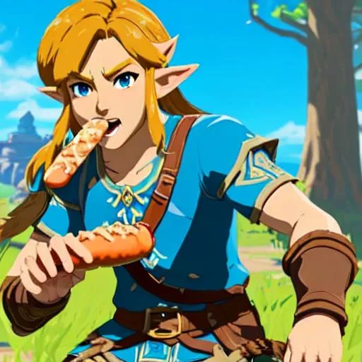 Prompt: Zelda breath of the wild with link eating a hotdog with mustard