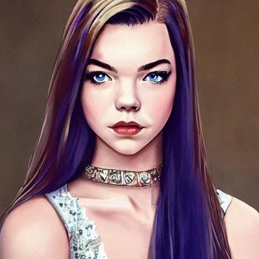 Prompt: Anya Taylor-Joy is a striking actress and model with large, expressive eyes, full lips, and a distinctive bone structure. She is often seen with blonde hair styled in various lengths and textures for different roles. cartoon portrate 
