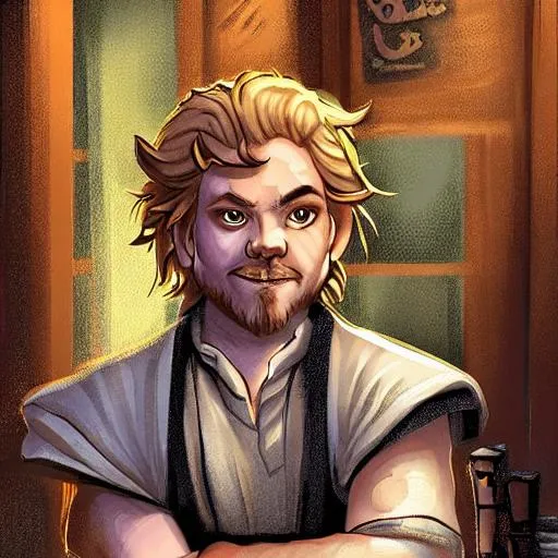 Prompt: Digital Art of a D&D adult male halfling bartender with blonde hair, in a tavern setting with ambient lighting, using natural colors