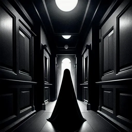 Prompt: balck ghost-like shapes attacking a in a dark corridor, anatomically correct, intricate scene, dreadful, dark, victorian, enhanced facial details, concept art, 12K