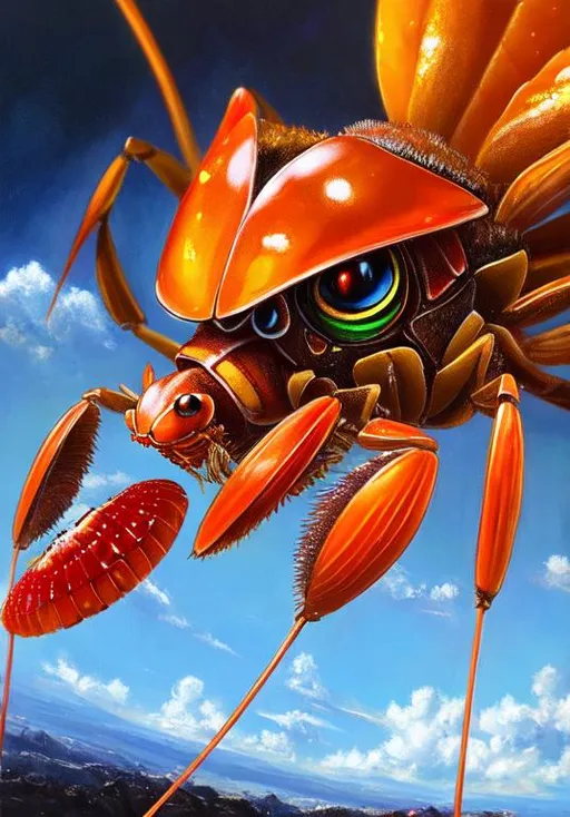 Prompt: UHD, , 8k,  oil painting, Anime,  Very detailed, zoomed out view of character, HD, High Quality, Anime, Pokemon, Parasect is a large orange insectoid crab-like cicada Pokémon that has been completely overtaken by the parasitic mushroom on its back. It has a small head with pure white eyes and a segmented body that is mostly hidden by the mushroom. It has three pairs of legs with the foremost pair forming large pincers. The fungus growing on its back has a large red cap with yellow spots throughout.

The insect has been drained of nutrients and is now under the control of the fully-grown tochukaso. Removing the mushroom will cause Parasect to stop moving. It can thrive in dark forests with a suitable amount of humidity for growing fungi. Swarms of this Pokémon have been known to infest trees. The swarm will drain the tree of nutrients until it dies and will then move on to a new tree. 

Pokémon by Frank Frazetta