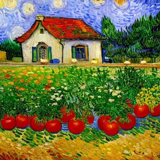 Prompt: Van Gogh style painting of a small tomato garden in front of a rustic Italian town home. 