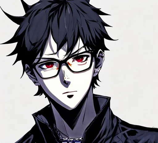 Prompt: Handsome young adult man with black hair, silver eyes, and glasses, wearing dark clothing. "Persona 4" anime art style. 