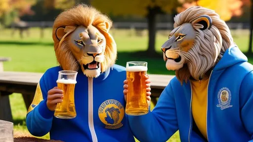 Prompt: smiling lion in A royal blue and gold tracksuit taking a sip from a stein of beer at a picnic table in a beer garden with his friends with fall foliage 