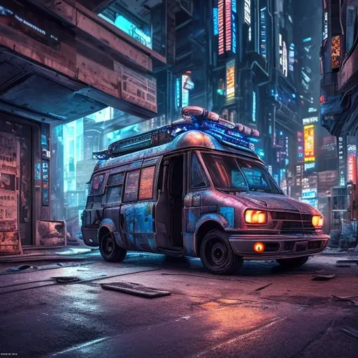 Prompt: highly detailed, sci fi van, in an empty cyberpunk city, photorealistic, night time