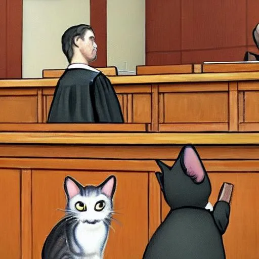 Prompt: paint me a courtroom scene where the judge is a cat and the defendant is a mouse

