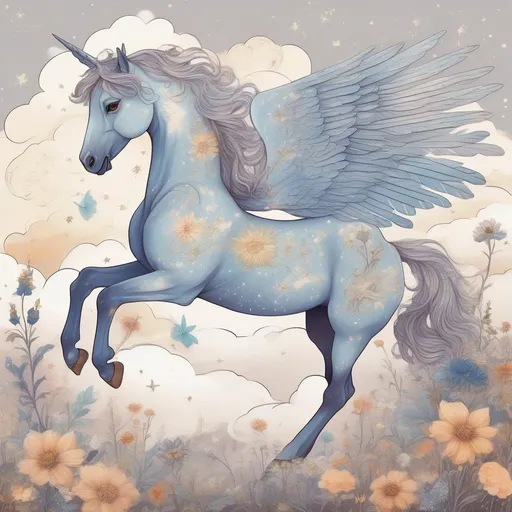 Prompt: A beautiful pegasus with constellations on its sides, walking in a field of clouds and flowers in a painted style