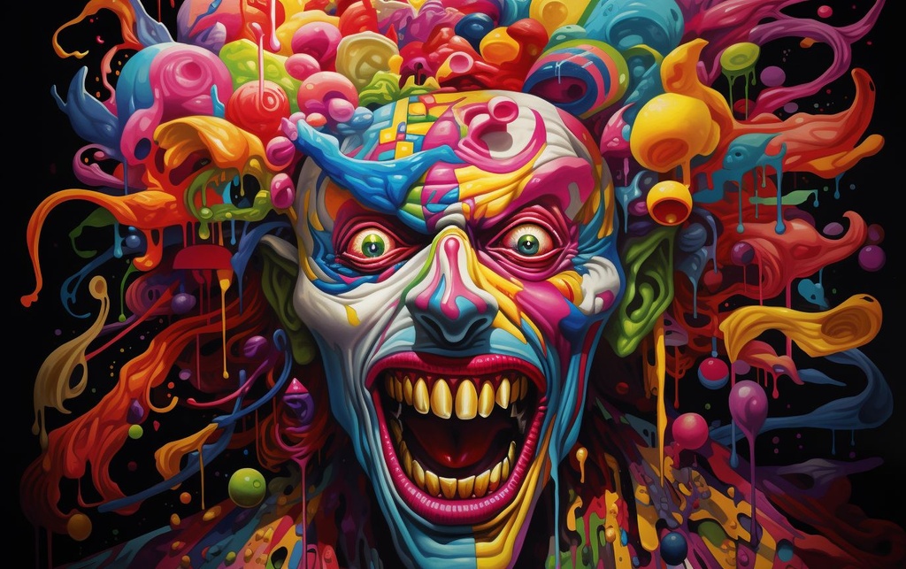 Prompt: an artist's image of a clown painted in bright colors, in the style of hyper-detailed illustrations, iconic pop culture caricatures, animated gifs, aggressive digital illustration, toycore, caricature faces, illusory wallpaper portraits