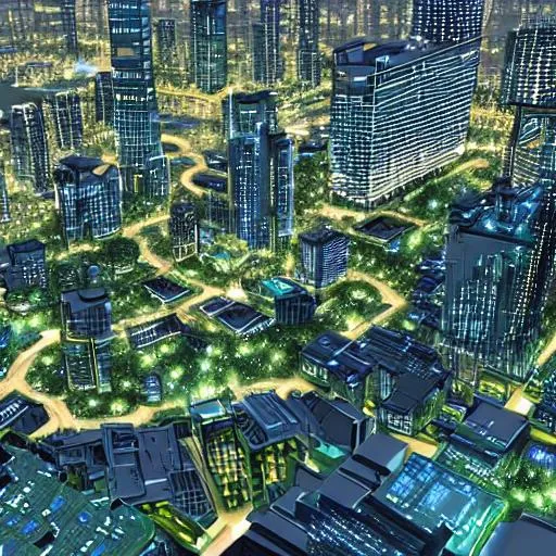 Prompt: night city with buildings 
futuristic  park animated look
