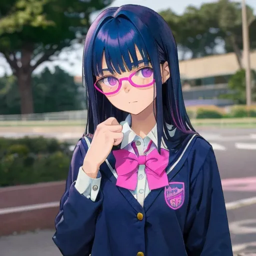 Prompt: Teenage girl with straight dark blue hair and pink eyes behind magenta glasses wearing a high school uniform 