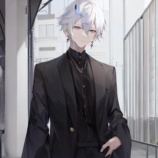 Prompt: Saiko Male (short pure white hair) 8k, UHD, happy, black earrings, 