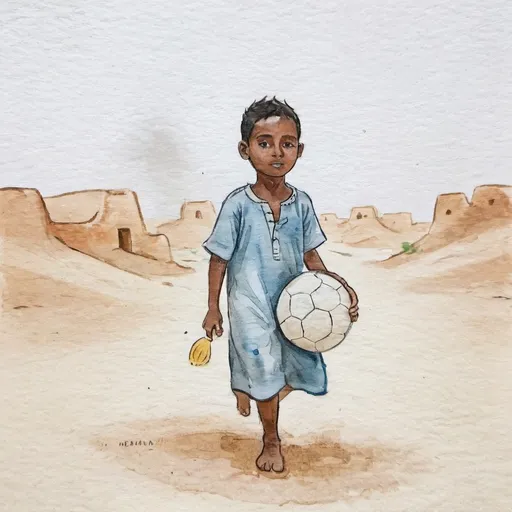 Prompt: Nombre: Omar
Edad: 6 años
Origen: Sáhara Occidental
Residencia: Campamentos de refugiados saharauis en Tinduf

Descripción: Omar es un niño vivaz y juguetón, lleno de curiosidad por el mundo que lo rodea. Tiene rasgos africanos, piel tostada por el sol del desierto y ojos oscuros llenos de curiosidad. Siempre mantiene una actitud positiva y optimista a pesar de las dificultades que enfrenta su comunidad.

Intereses y actividades: Le encanta jugar al fútbol con sus amigos en la arena del desierto y cuidar las cabras con su familia. Disfruta de las tradiciones de su cultura, como tomar té saharaui y escuchar las historias de sus mayores. 
Vestimenta: daraa, traje tipico de Mauritania y Sáhara Occidental.