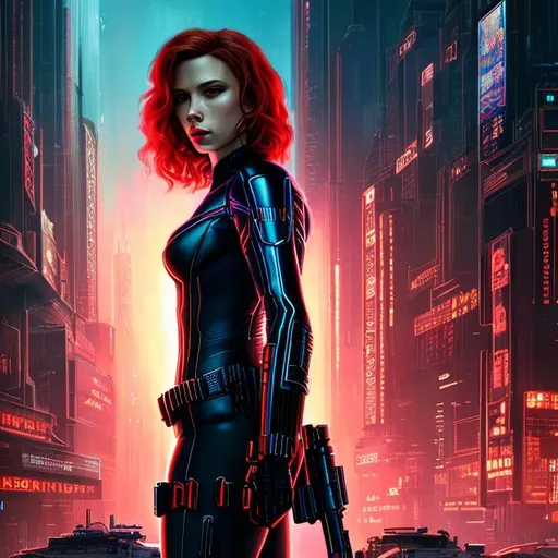 Prompt: Black Widow as Cyberpunk, beautiful photograph of most beautiful fictional, extremely, detailed environment, detailed background, intricate, detailed skin, natural colors , professionally color graded, photorealism, 8k, moody lighting.