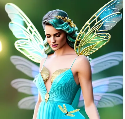 Prompt:  Beautiful, Fairy, yellow wings, dragonfly wings, shoulder length hair, curly, wavy, blonde hair, female, windy, turquoise eyes, gold color wings, in pretty gown, clear sky, blue sky, 4K, 16K, highly realistic, extremely detailed, photo-realistic, photo quality, 8k, long flowing pretty golden hair, clear, sharp image, cinemetic