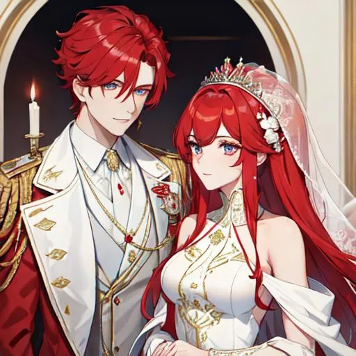 Prompt: Zerif 1male (Red side-swept hair covering his right eye) wearing a royal wedding suit, white shawl, 