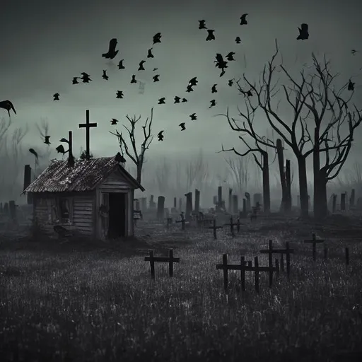 Prompt: Create a dark creepy bog with an old shack cemetery crosses a flock of crows ands a man playing violin