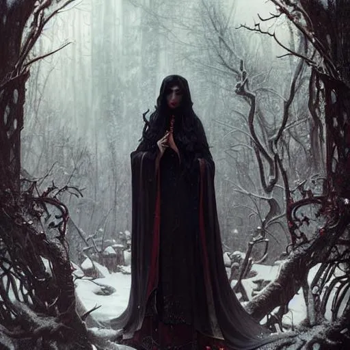 Prompt: Snow White as a vampire queen, long curly hair, intricate, elegant, highly detailed, extremely detailed, HD, digital painting, smooth, sharp focus, illustration, art by greg rutkowski and alphonse mucha and John William Waterhouse, dark, eerie, gothic, creepy, horror