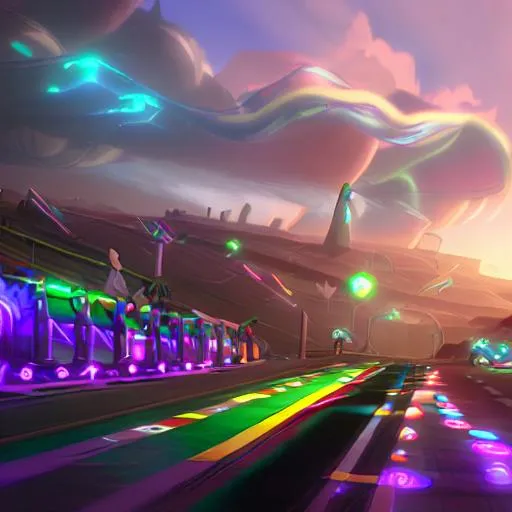 Prompt: rainbow road race