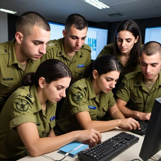 Prompt: group of IDF soldiers, males and females, cracking computer code together