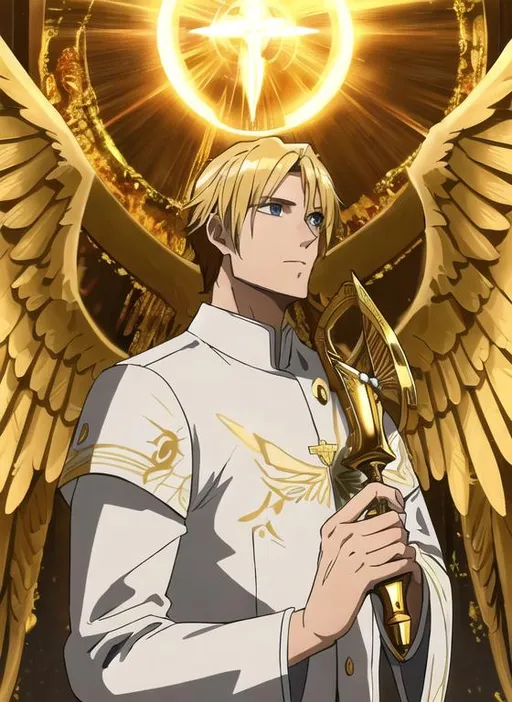 Prompt: Angel, halo, radiant golden light, seraph, six wings, photo realistic, Male, warrior, ancient, wallpaper, St michael, catholic, archangel, handsome, Male face, masculin face, 37 years old, Spears, fire, 16k