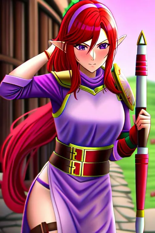 Prompt: elf Female archer, red hair, purple plate armor, Shaddy Safadi, Medievil background, soft light