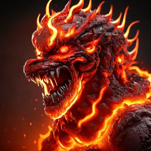 Prompt: a frightningly detailed and precise  demon of hardened magna glowing deep set eyes of photo-realistic fire and hair of flowing scorching hot lava. it has a face not even a mother could love with broken teeth and a men dispostion