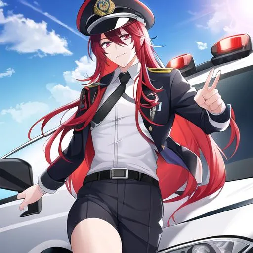 Prompt: Zerif 1male as a male police officer (Red side-swept hair covering his right eye)UHD, 8K, Highly detailed, insane detail, best quality, high quality, wearing a blue male police uniform, anime style, tilting his hat, standing in front of a cop car