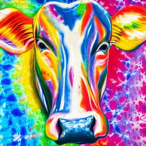 Prompt: tie-dyed patterned dairy cow, oil painting
