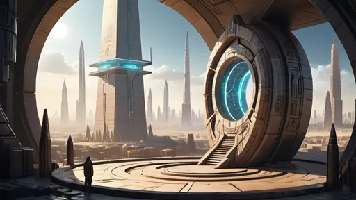 Prompt: small circular portal, small gateway between cities realms worlds kingdoms, small ring standing on edge, freestanding ring, hieroglyphs on ring, complete ring, obelisks, pyramids, futuristic towers, large wide-open city plaza, wide vista view, futuristic cyberpunk dystopian setting