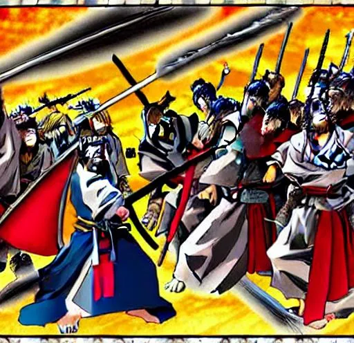 Prompt: Anime war scene graphic High detail Samurai warrior crusaders with Jesus Christ as depicted in the book of  revaltion coming out of heaven one side is the gathering of The chosen to ride victory against the enemy Satan and his fallen cyberpunk ninjas on the opposite side 