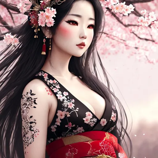Prompt: A beautiful woman with flowers in her hair, surrounded by Cherry Blossoms, Night time, Luis Royo, intricate geisha kimono, amy sol in the style of, warm color scheme art rendition, tribal tattoo, detailed facial structure, crimson rain sought flower, black and white artwork, idealised, pastel drawing, digital art of an elegant, artgram, asian female water elemental, pinterest anime, charli bowater and artgeem, Perfect Feminine Portrait, Perfect Face, Perfect Feminine Proportions, Perfect Feminine Five Fingers, Glowing Skin!!", sharp focus, digital painting, digital art, clean art, professional, contrast color, contrast, rich deep color, color temperature at 4000K, studio lighting, dynamic light, deliberate, concept art, highly contrast light, back light, hyper detailed, super detailed, render, CGI winning award, hyper realistic, ultra realistic, UHD, HDR, 64K, RPG, inspired by wlop, (((sharp focus))), UHD render, HDR render, 3D render