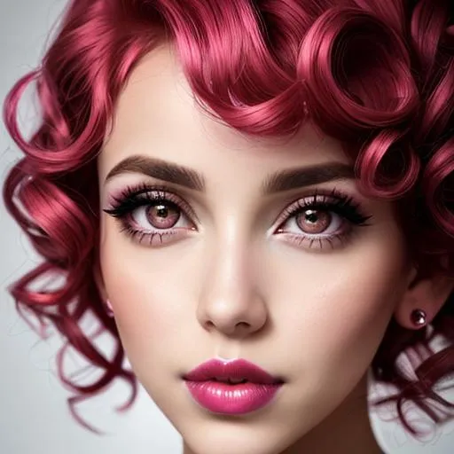 Prompt: woman with big  eyes and carmine lips, curly pink hair,dark pink lips, pink cheeks