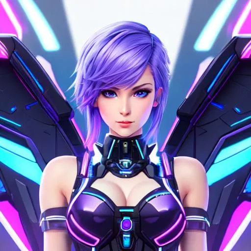 Prompt: 4K, 16K, picture quality, high quality, highly detailed, hyper-realism, cute skinny female standing, full front, mecha wings, blue anime eyes, white, blue, purple, cyberpunk style, neon lights, short purple hair with blue highlights, party, lights, spotlights, stage light, 