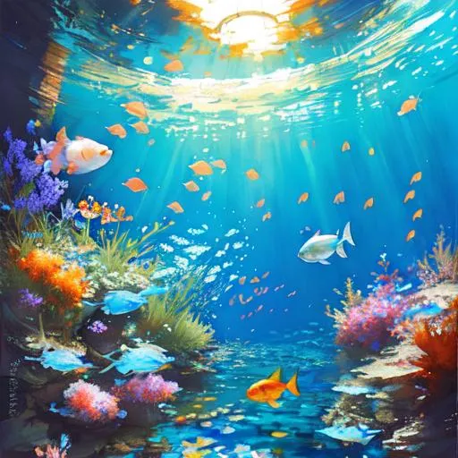 Prompt: An big aquarium filled with blue fishes and many, many sea animals, extremely detailed, realistic, cute, Krenz Cushart + loish +gaston bussiere +craig mullins, j. c. leyendecker +Artgerm. 