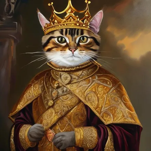 Prompt: An oil painting of a cat dressed as a king