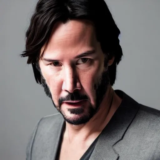 Prompt: photo realistic portrait of {Keanu Reeves}, centered in frame, facing camera, symmetrical face, ideal human, 85mm lens,f8, photography, ultra details, natural light, light background, photo, Studio lighting