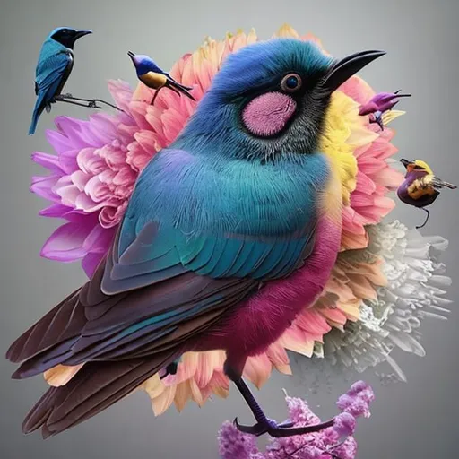 Prompt:  Take a photo of a flower and a bird and merge them to create a new creature.