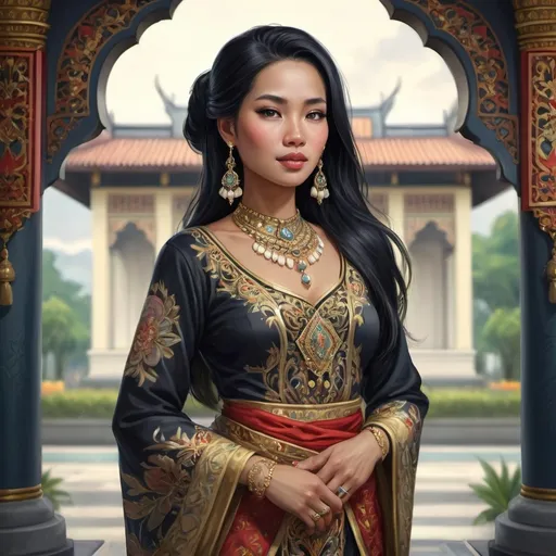 Prompt: Full body, Fantasy illustration of a female malayan noble woman, 28 years old, soft expression, rich and colorfull traditional garment, delicate Malayan jewelry, black hair, high quality, rpg-fantasy, detailed, malayan palace background