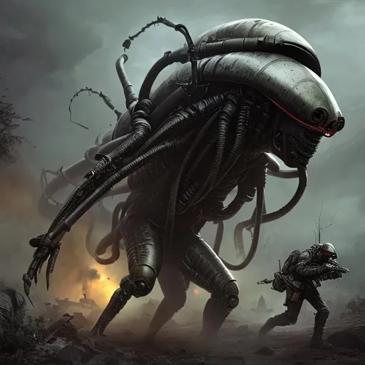 Prompt: Dark, soldier with gas mask, giant alien bug enemies, hyper realistic, world war I style