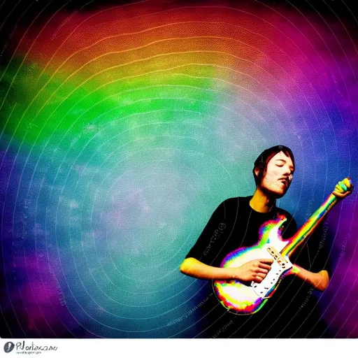 Prompt: Faded polka dot rainbow cloud guitar man pouring iridescent rain in a bucket
