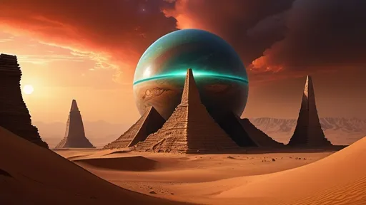 Prompt: ancient ruins in foreground, darkest night, nightmare, carved alien symbols on stone pylons, alien squat stone bunkers with sloping walls, futuristic babylonian architecture, megalithic architecture, no trees, no bushes, no grass, no leafy vegetation, rocky desert alien planet setting, rocky mountainous region, in the style of frank herbert's dune, night sky with giant blue-green planet hidden by red clouds, dust haze, highly detailed, photo-realistic, hyper-real